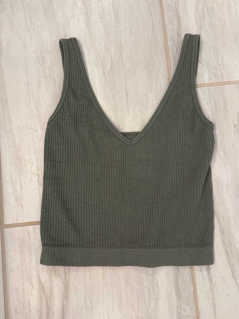 Free People Olive Ribbed V-Neck Crop Tank